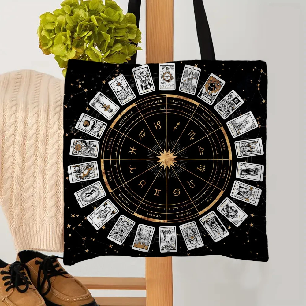 1pc Eco Reusable Shopping Bag Tarot Art Print Totes Ladies Shoulder Bags 12 Zodiac Card Game Theme Pattern Casual Handbag 5.13