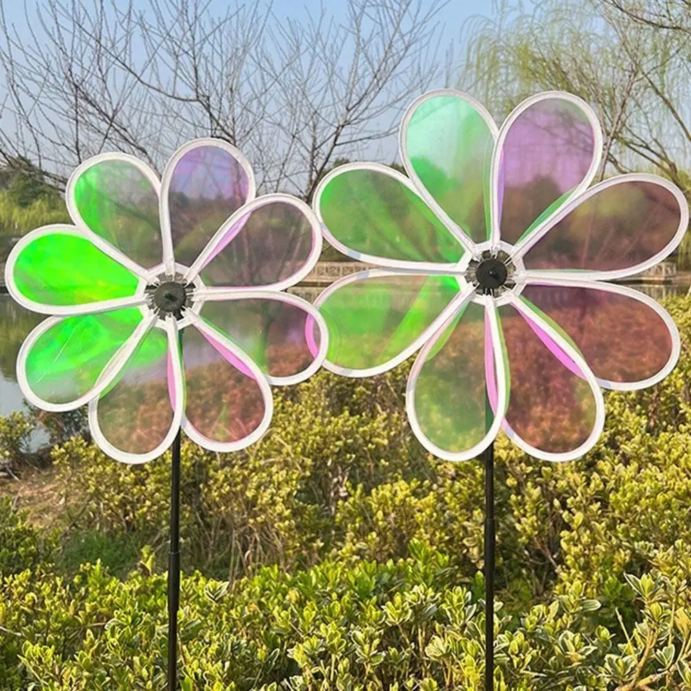 1Pcs Grounding Mounted Eight-leaf Windmill Colorful Bird Repelling Reflective Changing Windmill Cute Wind Spinner For Outdoor