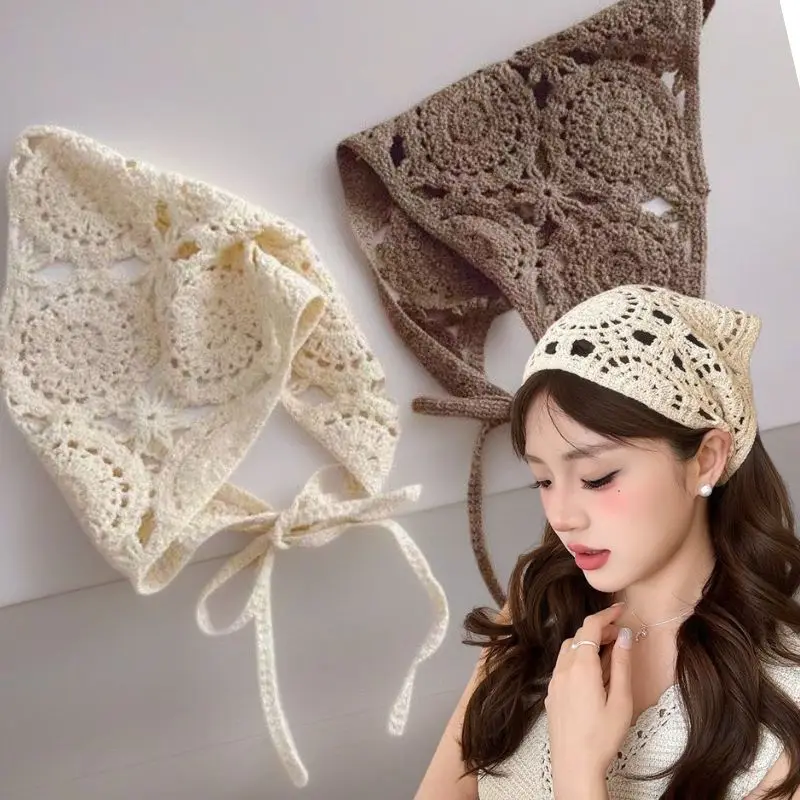 

Retro Knitted Triangle Headband Handmade Crochet Hollow Floral Bandana French Sweet Hair Scarf Kerchief Korean Photo Headscarf