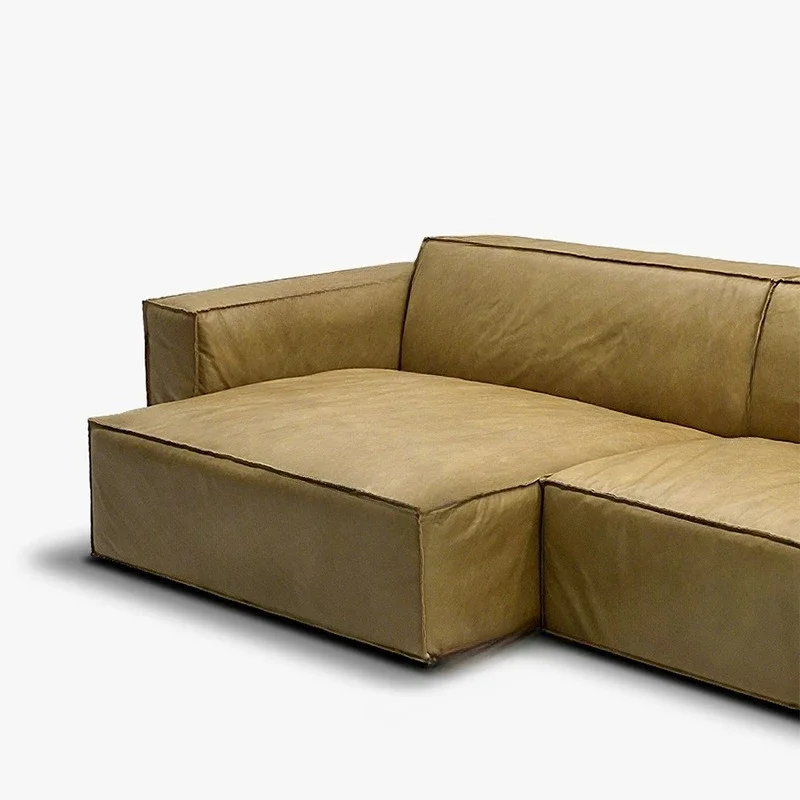 أريكة خبز التوفو المصنوعة من جلد البقر بالكامل من شمع الزيت، مجموعة وحدة بسيطة من تصميم المشاهير على الإنترنت لغرفة المعيشة أريكة من القماش غير اللامع #4