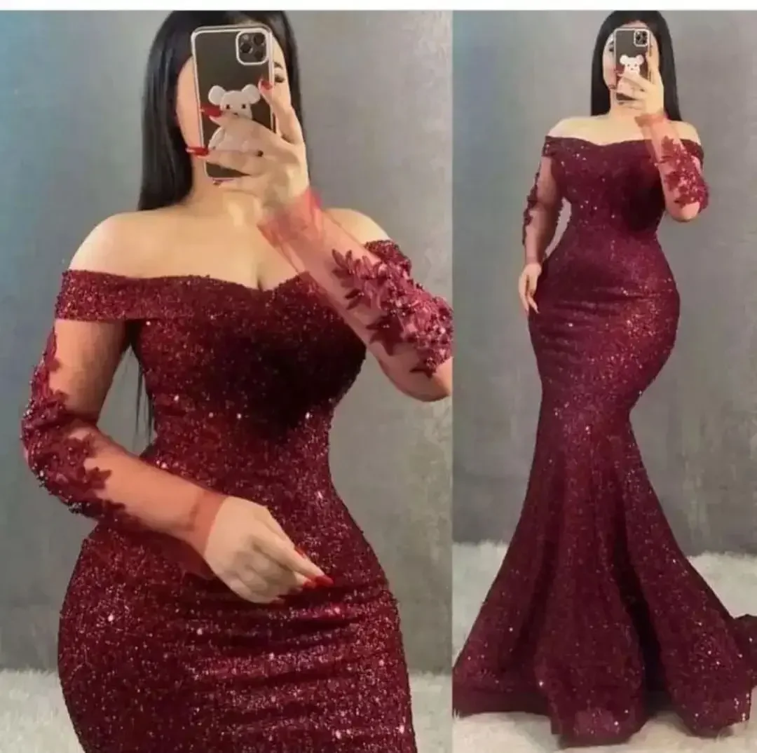 Gaun Malam Putri Duyung Merah Marun Glitter Gaun Pesta Bunga 3D Lengan Panjang Bahu Terbuka Gaun Prom Wanita Jersey Customsiz