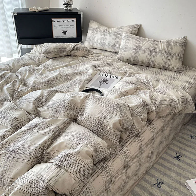 High Density Pure Natural Cotton Grid Duvet Cover Single Nordic Comfortable and Refreshing Quilt Cover Twin Double Bedclothes
