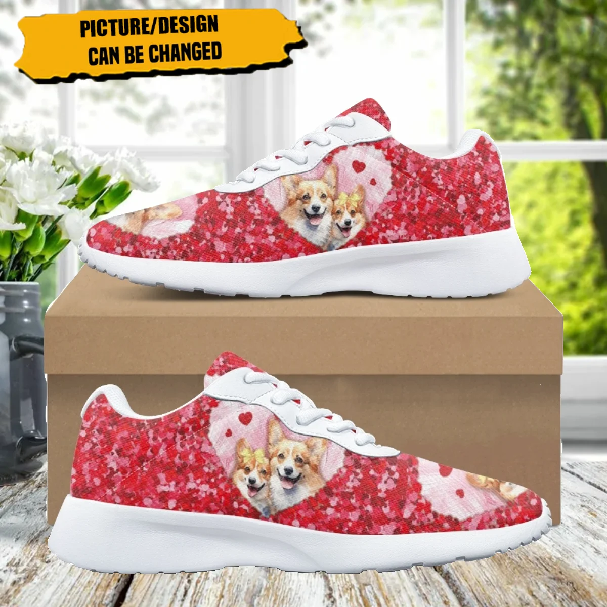 Heart Sequin Corgi Print Women Training Running Shoe Cozy Lace-Up Flats Durable Gym Teen Sneaker Print On Demand tenis masculino