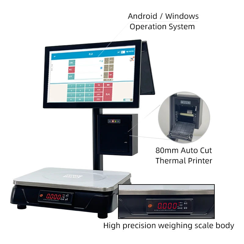 15.6 inch 15/30kg touch screen computer scale, AI Pos label printing scale self-service supermarket weighing scale