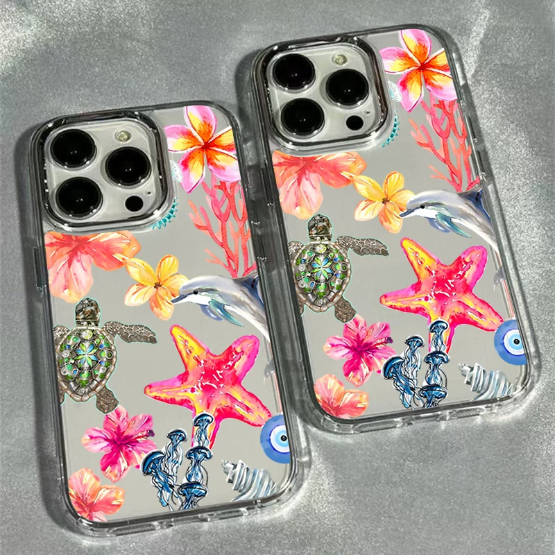 Starfish Sea Turtle Jellyfish Hibiscus Coral Dolphin Patterns Phone Case For iPhone 17 16 15 14 13 12 11 Pro Max Plus Air Cover