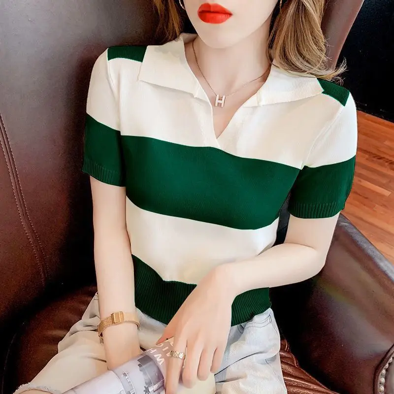 

2024 Summer New Western Stripe Short Versatile POLO Collar Pullover Knitwear Women's Simple Fashion Short Sleeve T-shirt Top