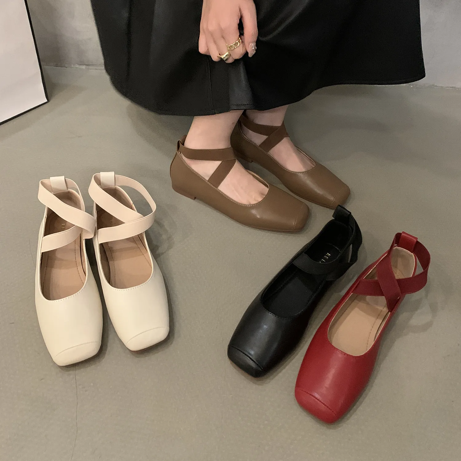 Bailamos 2023 New Red Womens Flats Fashion Square Toe Shallow Ladies Ballet Shoes Soft Flat Mary Jane Shoes Casual Loafers Mujer