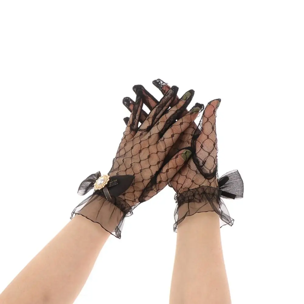 Punk Black White Lace Gloves Ruffle Edge Flower Pattern Hollow Out Gloves Bow Soft Elastic Cosplay Gloves For Women Girls