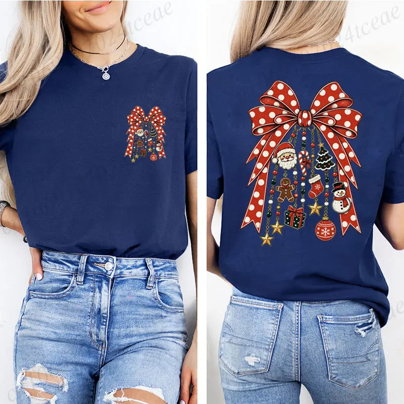 Weihnachts-T-Shirt mit Front- und Rückendruck, Polka-Dot-Schleife, Weihnachtsanhänger, Grafik-T-Shirt, Weihnachtsmann, Schneemann, Lebkuchenmann, Weihnachtsfeiertags-T-Shirts – Detail 6