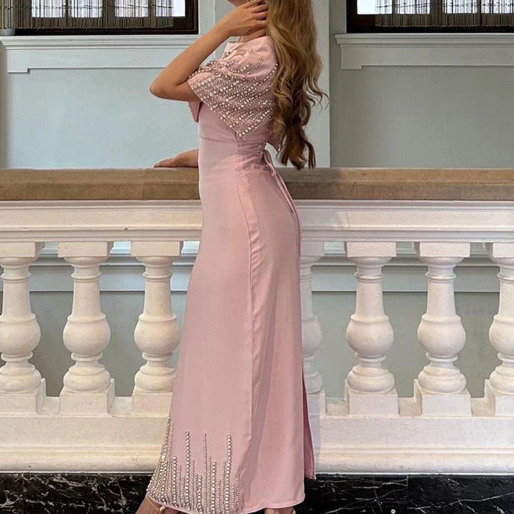 Straight Back Slit Crew neck Satin Short Sleeves Photo Color Graceful and Formal Evening Dresses Crystal Pleats Saudi Arabi 2024