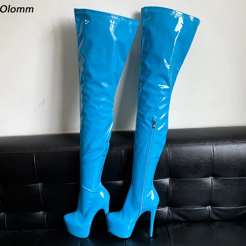 

Olomm Handmade Women Spring Thigh Boots Patent Leather Side Zipper Thin High Heels Round Toe White Party Shoes Plus US Size 5-20