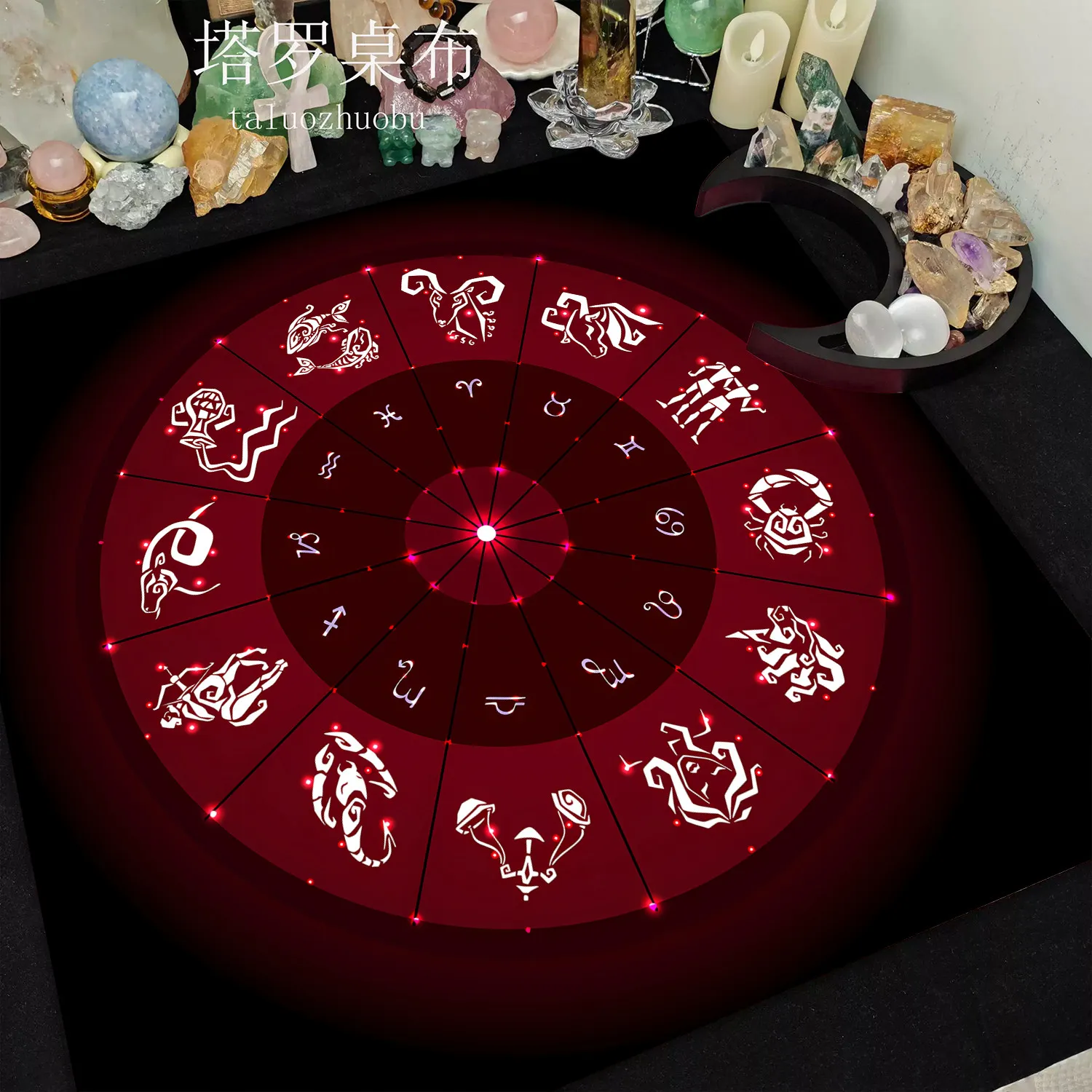 VIKAMA Red Zodiac Wheel Constellation Tarot Tablecloth Mystical Occult Altar Cloth Divination Mat Foldable Birthday Gift