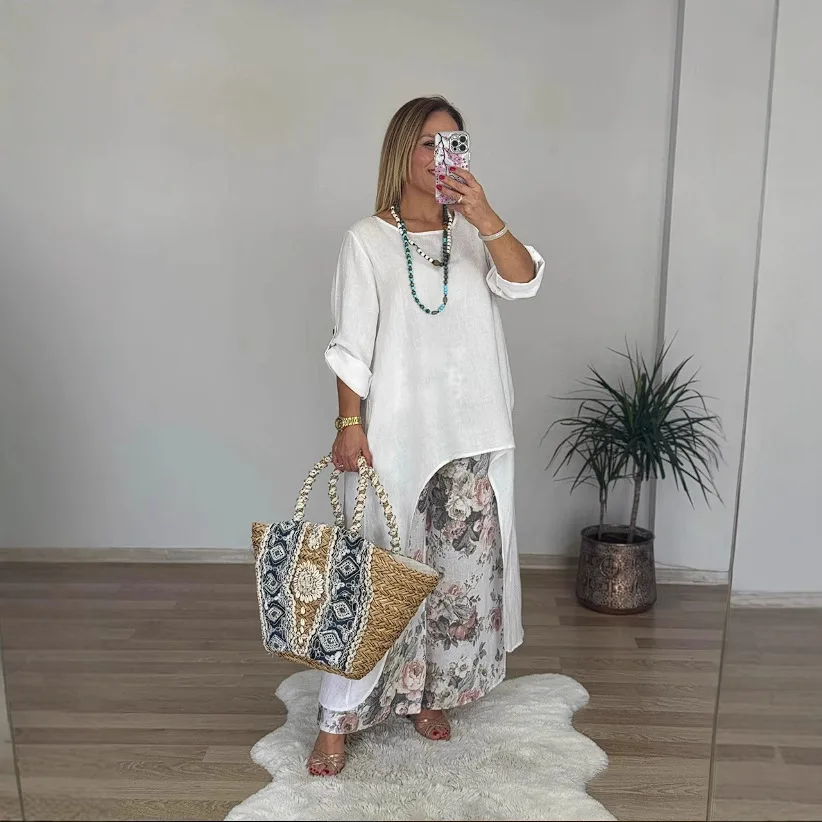 

Pant Set Women Two Piece Sets Irregular Print Full Sleeve Round Neck Tops Wide Leg Long Pants High Waist Y2k Streetwear Work
