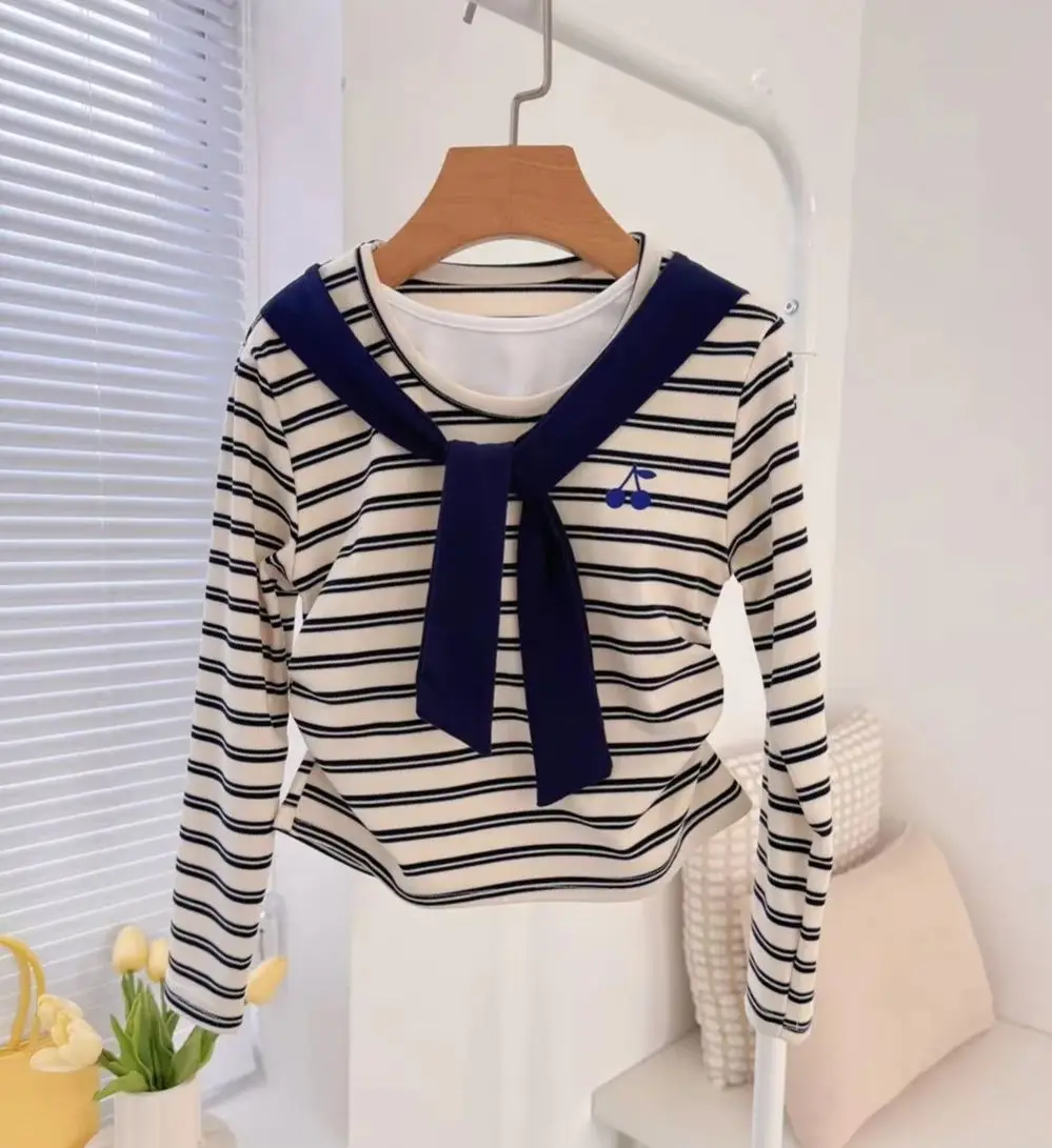 Camiseta de primavera Cherry para niñas, ropa infantil con cuello marinero, estilo estudiantil, top falso de dos piezas, top informal con estampado de rayas para niñas