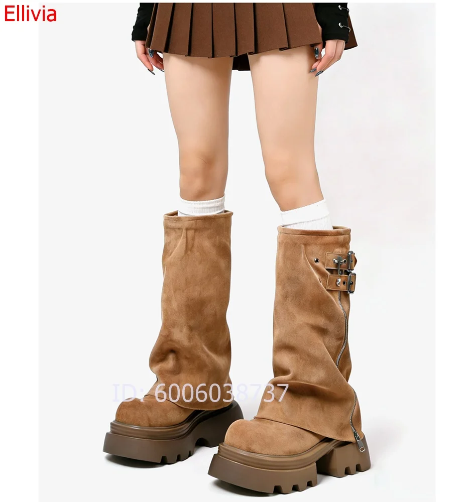Women Khaki Suede Ruched Knee High Boots Chunky  Platform Block Heel Double Buckle Side Zipper Streetwear Fashion Tall Boots