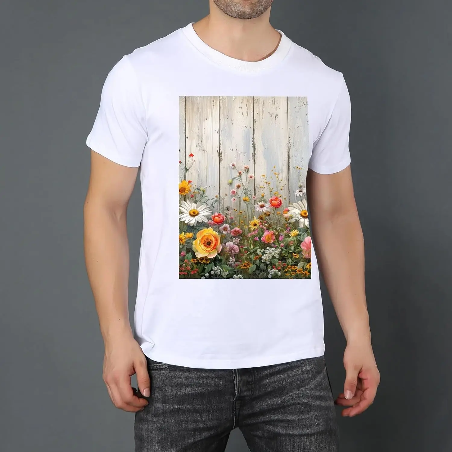 Flower Wood Mens Black T-Shirts Short Sleeve Crew Neck Women T-Shirt Loose Fit Soft Tees for Men Lightweight X-Small