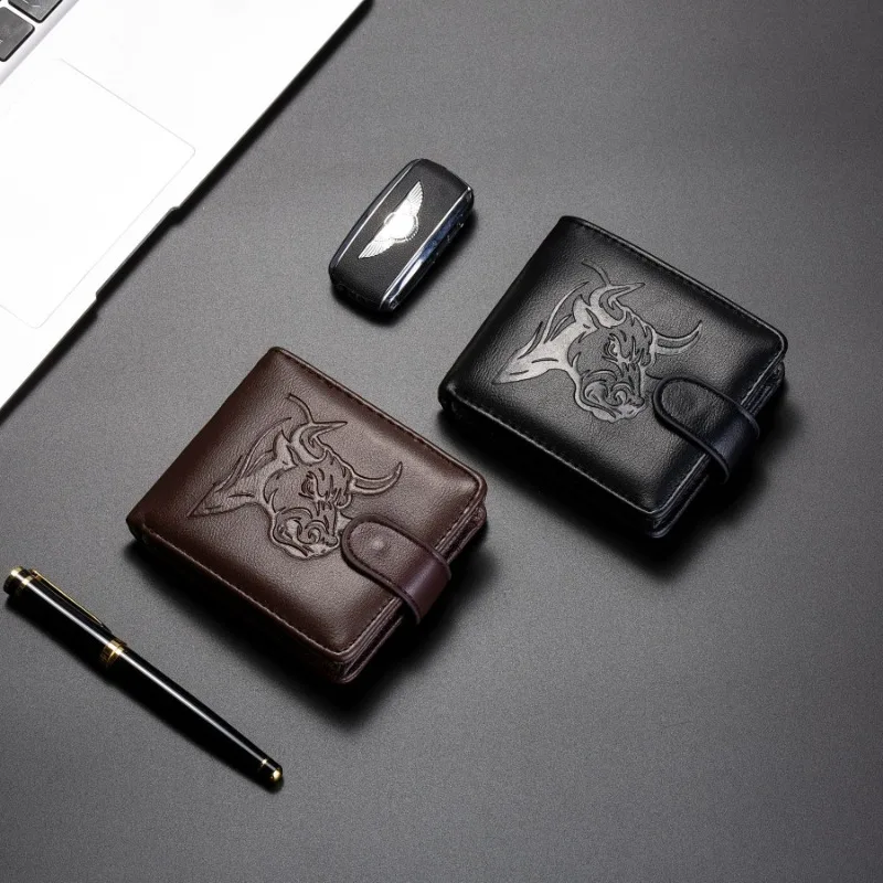 

Solid color niche bull head embossed men's wallet simple and fashionable card bag for daily travel solid color versatile magnet