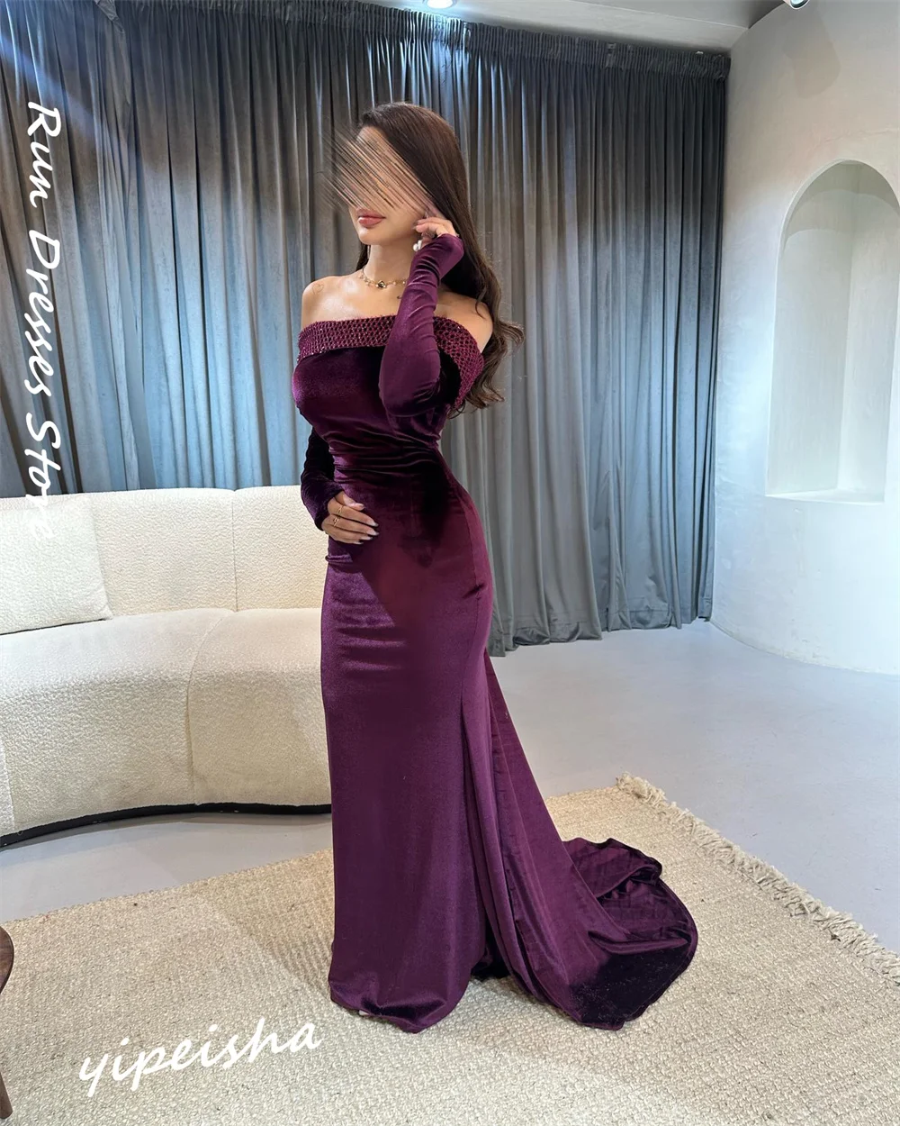 Customized Elegant Off-the-shoulder Mermaid Sweep/Brush es Rhinestone Velour evening gown vestidos de ocasión formales فستان سهر