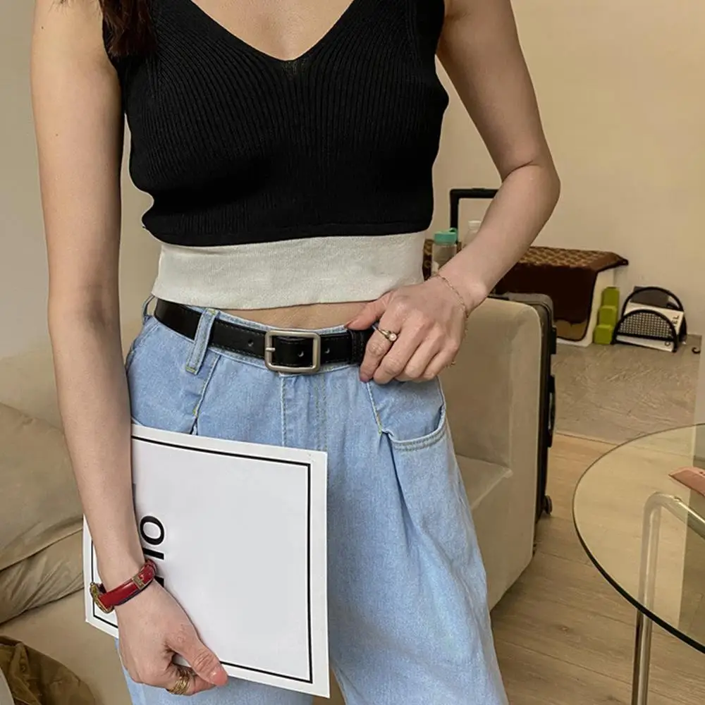 

100CM INS Women's Thin Belt PU Fashion Simple For Jeans Cargo Pants Dresses Waist Belt Alloy Square Buckle Lady Windproof Belt