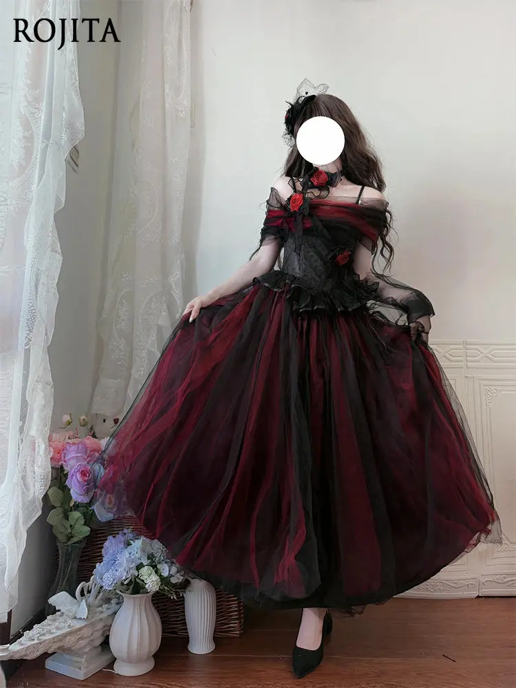 black and red princess dress Red And Black Tulle Appliques Backless Princess Quinceanera Dresses