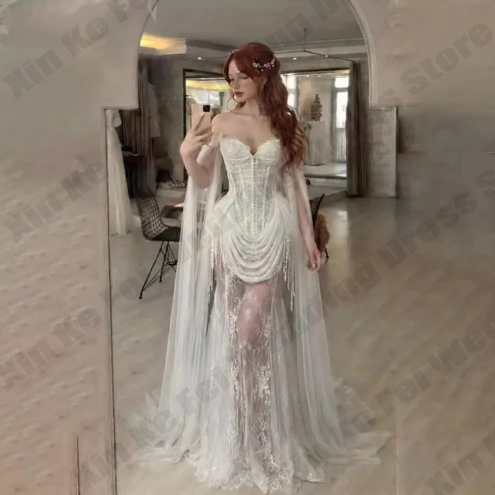 Vintage Brautkleider mit Spitze, Applikationen und Schal, Sweetheart-Ausschnitt, Falten, Rückenfreies A-Linien-Meerjungfrauenkleid, Maßgeschneiderte Partykleider