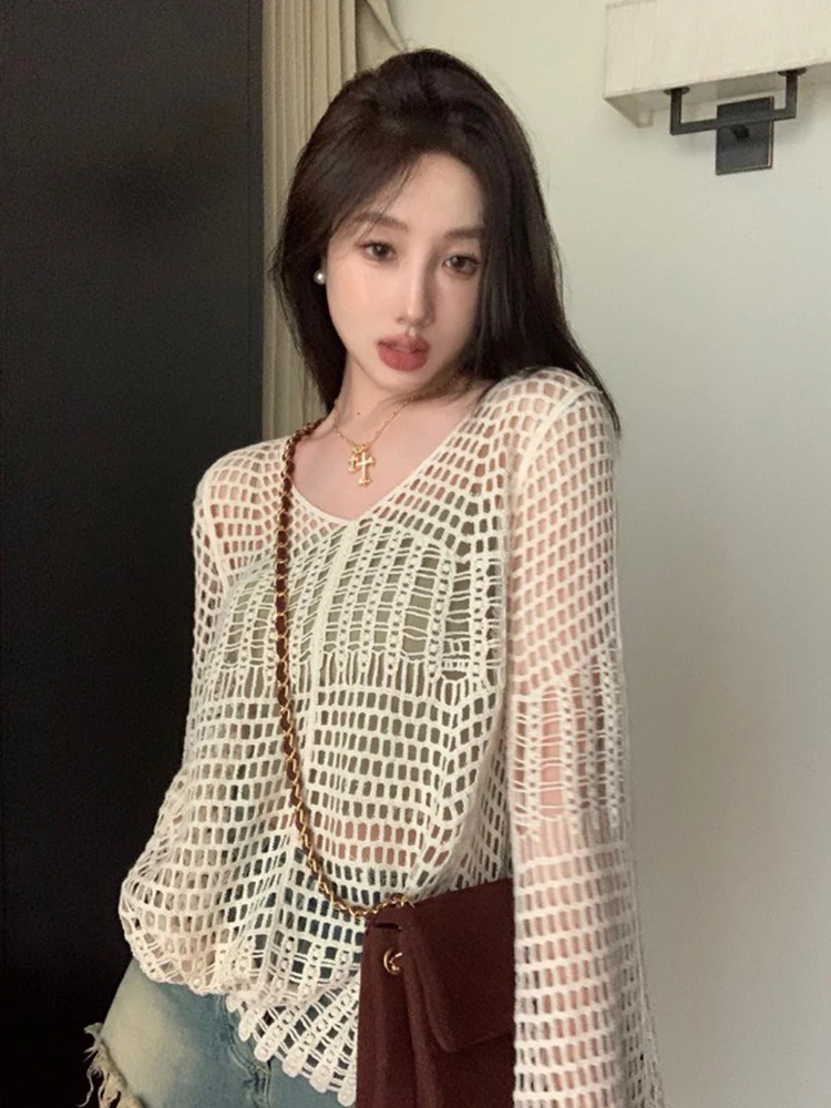 Bohemian Style Ice Silk Hollow out Knitted Top Lightweight Summer Cover up Women's Fashion Long Sleeve V-Neck Commute Ready