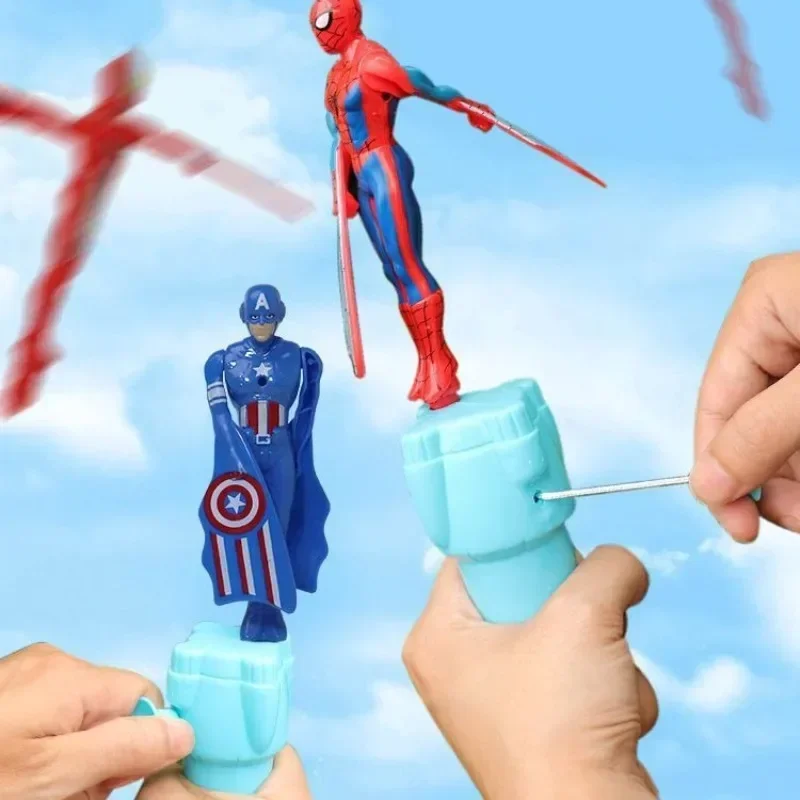 Anime Marvel Spiderman Flying Toy Iron Man Captain Steve Rogers String Flying Toy Outdoor Bamboo Dragonfly Toy for Children Gift