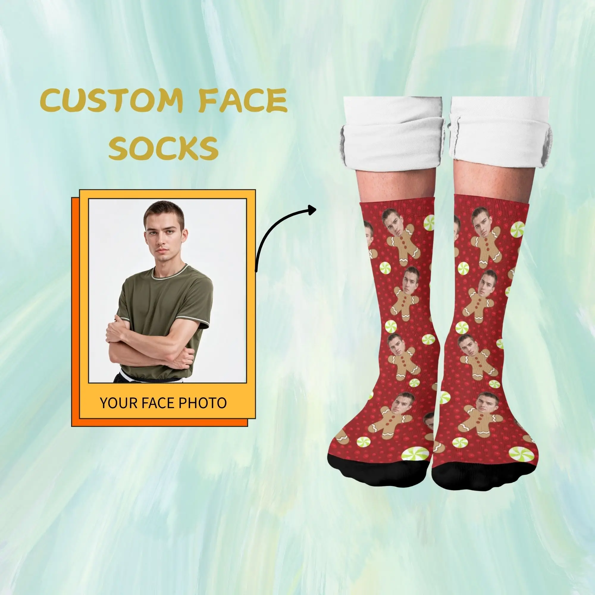 

Cute Cartoon Personalized Santa & Face Christmas Festival Crew Socks “HO” Text Custom Photo Unique Celebration Wear & Gift