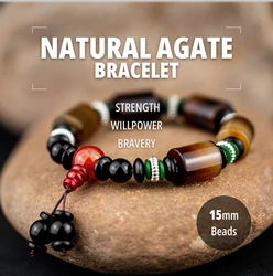 15mm Natural Gemstone Agate Beaded Bracelet for Man & Women Handmade Healing Stone Protection Bracelet Best Friend Gifts