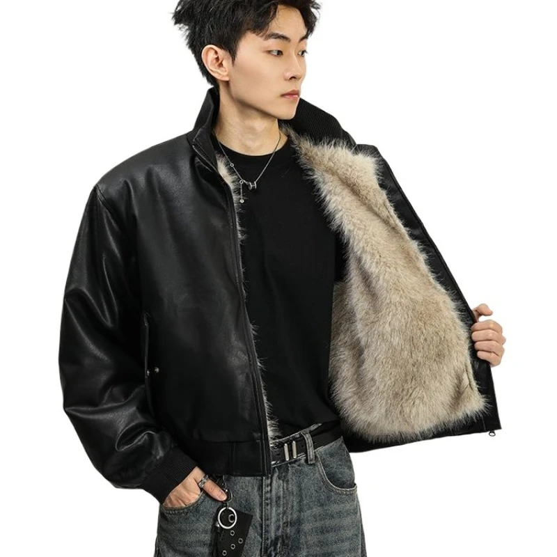 

Men's Fashion Winter Leather Overcoat Luxury Thick Warm Faux Fur Jacket For Male Windproof Thermal Fur Coat Outerwear