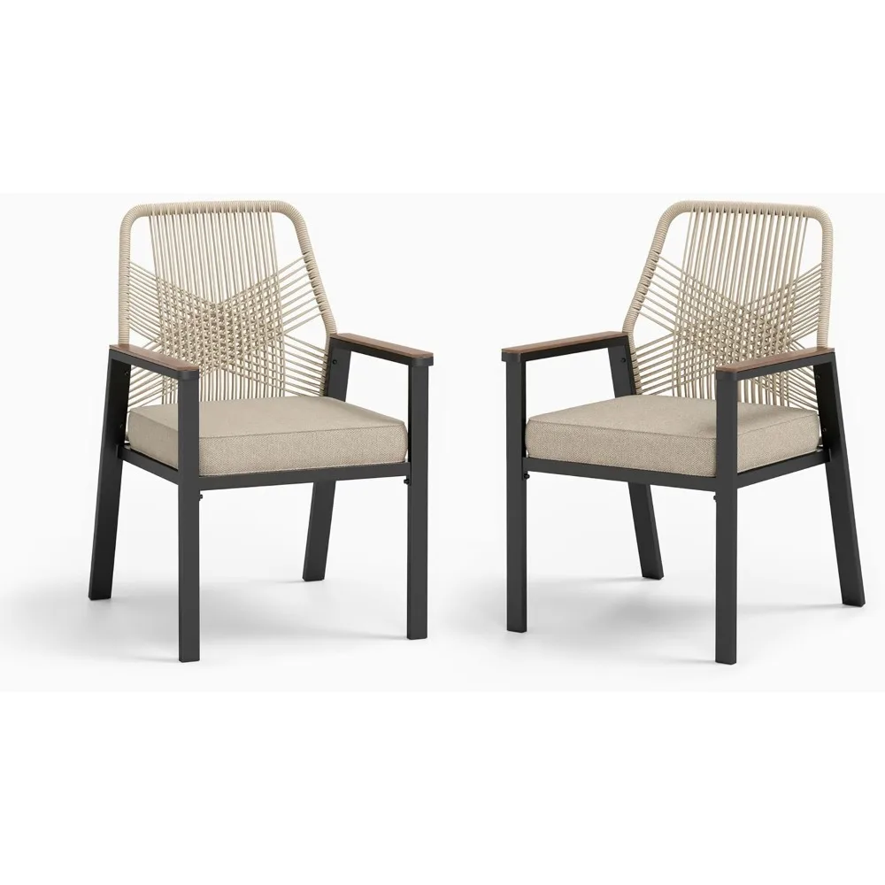 

Patio Wicker Chair Sets of 2, Outdoor Dining Chairs with 3.1 inch Seat Cushions, Sturdy Metal Frame & Wood Grain Armrest, Beige