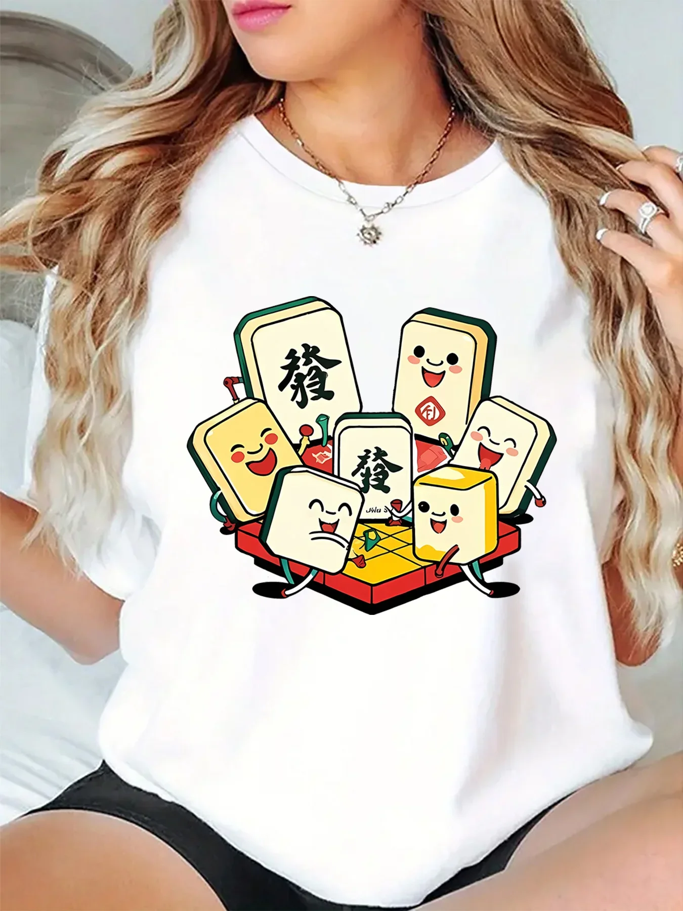 Cute Mahjong Cartoon Fortune Tile Graphic Womens T Shirt Short Sleeve Crew Neck Fun Asian Game Casual Daily Ladies Tee Cheap Top