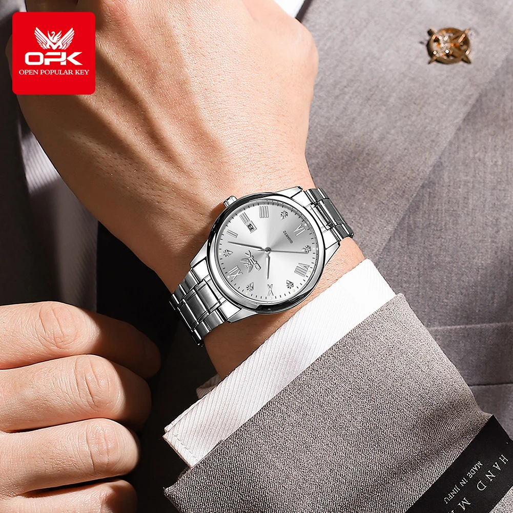 OPK 브랜드 남성용 시계 로마 디지털 캘린더 쿼츠 방수 발광 스테인레스 스틸 스트랩 6025