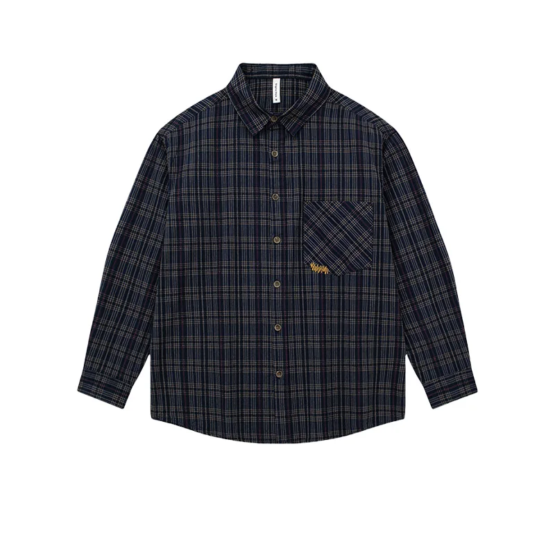 

Japanese Retro Plaid Long Sleeve Shirt - Men's Washed 100% Cotton Shirt Embroidered Vintage Casual Shirt for Spring Autumn
