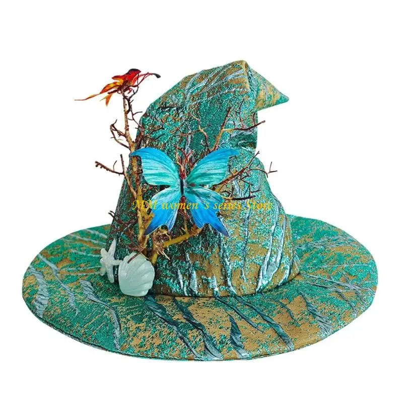Q39C Mysterious Butterfly Embellished Witch Hat Lightweight Polyester Construction Universal Adult Headwear For Festivities