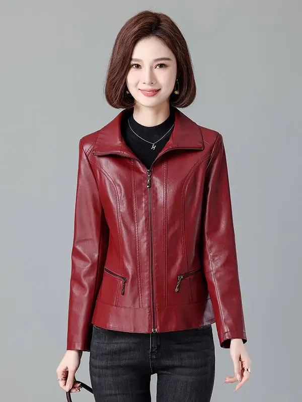 봄 가을 신상 슬레 하이펑 정품 가죽 자켓 여성용 슬리밍 양가죽 자켓 플러스 사이즈 가죽 코트