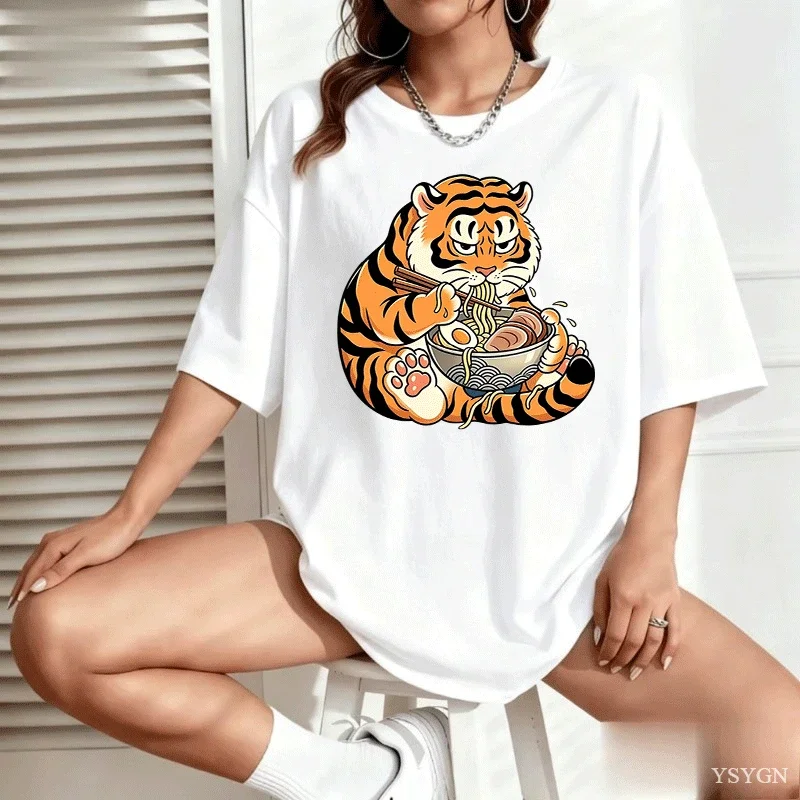 Cute Chubby Tiger Eating Ramen Noodle Graphic Womens T Shirt Short Sleeve Crew Neck Japanese Art Casual Daily Ladies Tee Tops