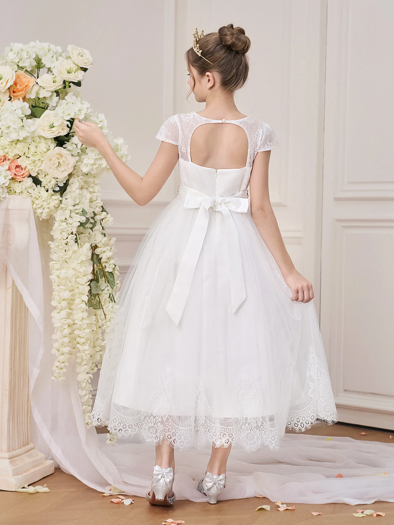 Fashion White Lace Bridesmaid Girls Dress Flower Wedding Prom Gown Elegant Bow Birthday Evening