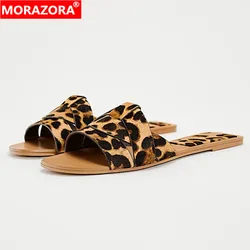 MORAZORA Plus Size 34-43 New Women Slippers Genuine Leather Flats Sandals Leopard Ladies Flat Slippers Outdoor Mules