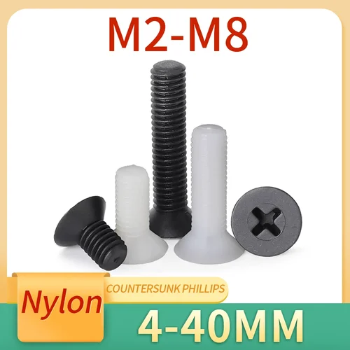 20-50 Uds M2 M2.5 M3 M4 M5 M6 M8 tornillos de cabeza avellanada Blanco/Negro pernos de cabeza plana Phillips de plástico nailon 4-40mm