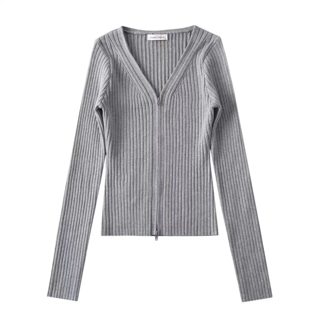 

YPFF Women's Slim V-neck Long Sleeve Knitted Cardigan Spring New Trendy Zipper Elastic Thread Pit Top for Ladies