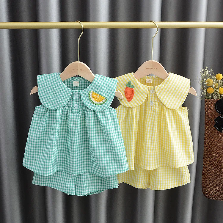 Summer Girls Cute Sets Fruit Cotton Plaid Sweet Princess 2pcs Set Children\'s Clothing Kids Baby Girl Cloths