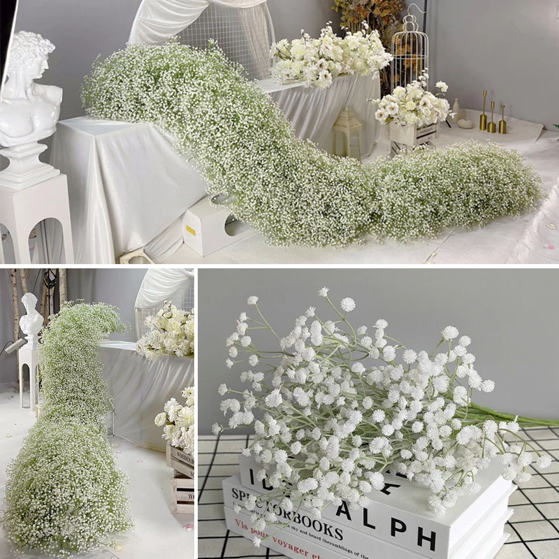 White Gypsophila Baby Breath Rose Flower Row Arrangement Wedding Backdrop Prop Flower Event Table Floral Runner Window Display