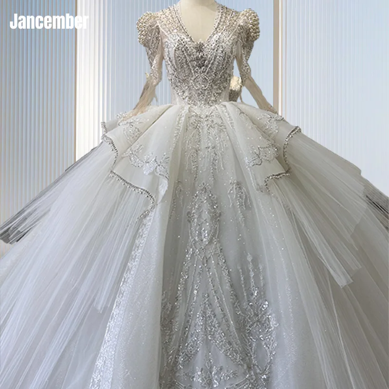 

Jancember Full Sleeves Puff Sleeves Wedding Dresses V-neck Beading Backless Lace Up Embroidery Wedding Gown Suknia ślubna XS016