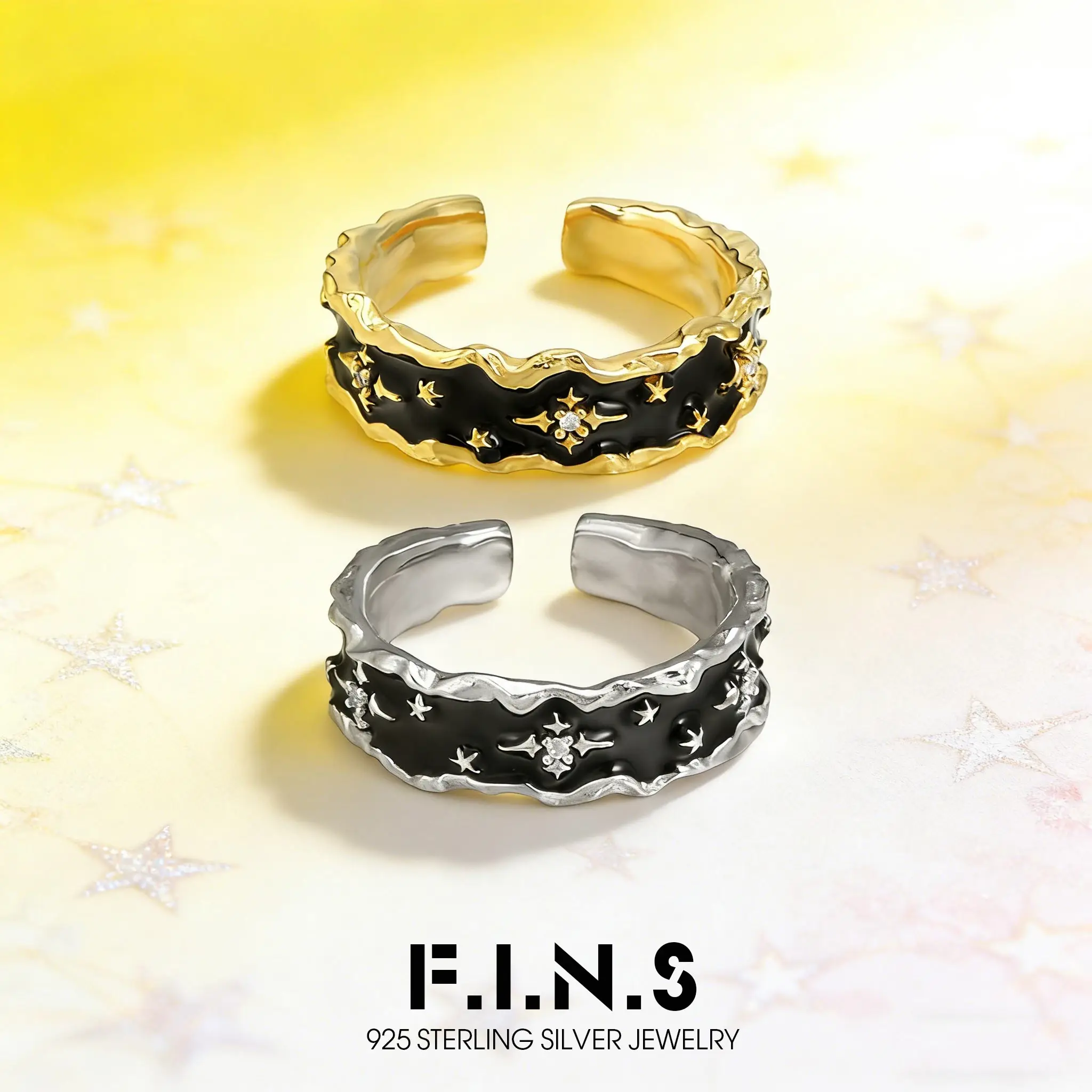 

F.I.N.S Original Black Gold Star S925 Sterling Silver Wide Band Ring Drip Glaze Open Adjustable Index Mid Finger Fine Jewelry