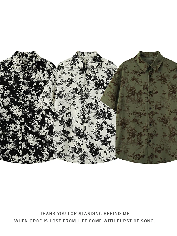 

Retro Japanese Floral Print Loose Short Sleeve Men's Shirt Summer High Sensation Cool Looking Polyester Ice Silk Casual Shirt