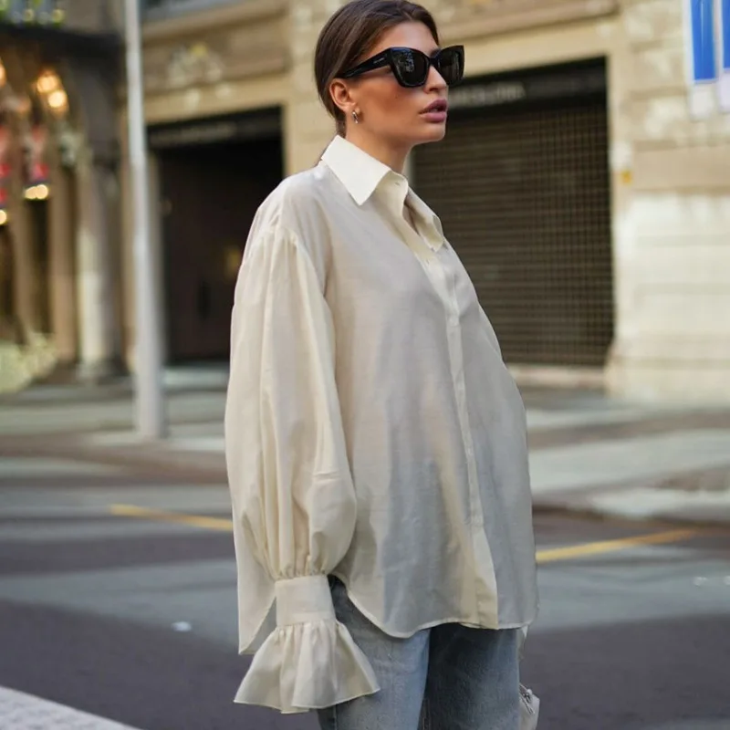 Talenza Women Fashion Shirt Solid Ruffle Lapel Button Patchwork Elegant Blouses High Street Chic Commuter Casual Women Shirt Top