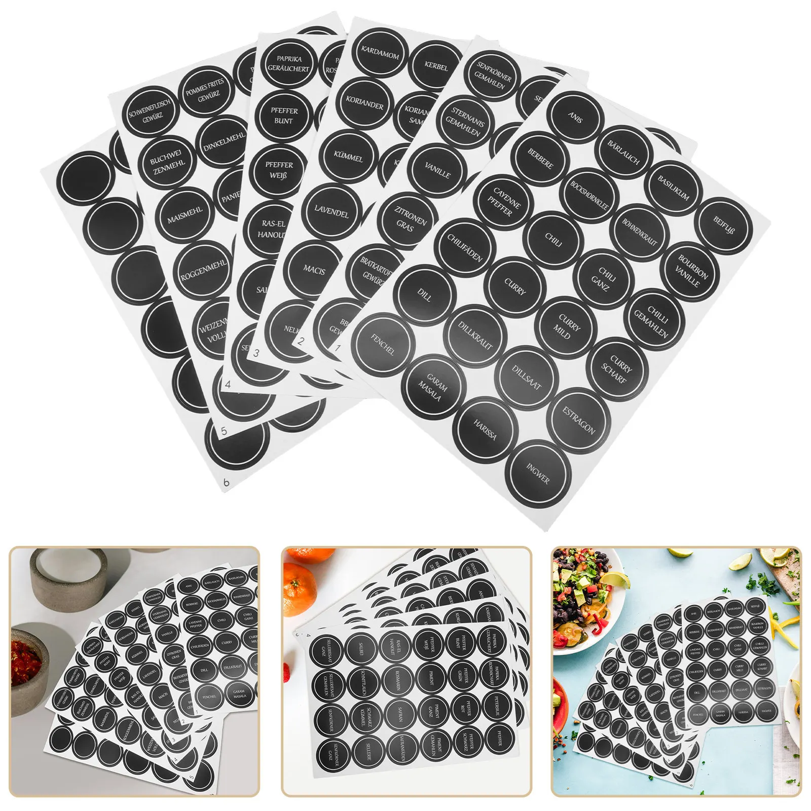 

6 Sheets Round German Spice Labels Removable Stickers for Kitchen Pantry Organization Food Storage Containers Jar Labeler