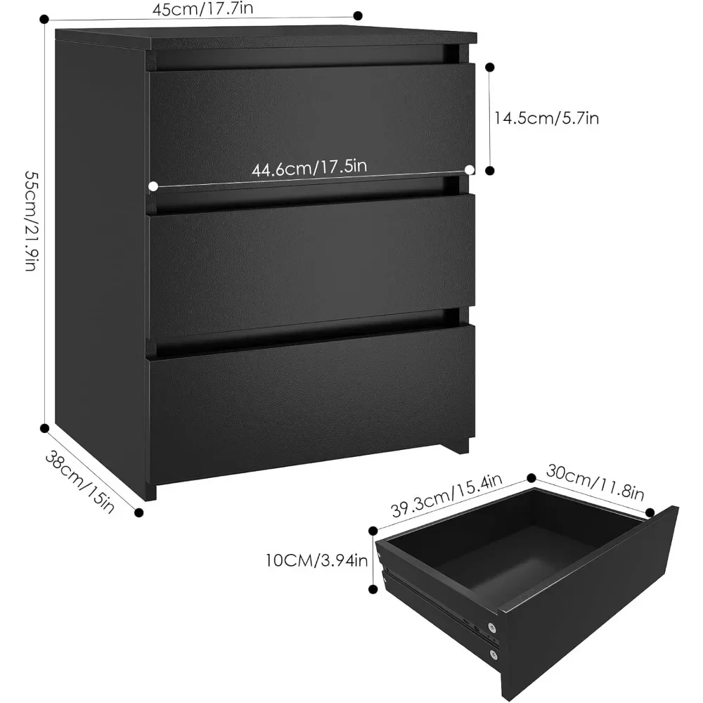 Nightstands Set of 2 with 3 Drawers, Bedside Table Night Stand for Bedroom with Cut-Out Handle, Side Table 3 Drawer Nightstand