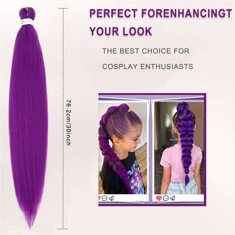 Purple Pre‑Stretched Braiding Hair Extensions, 3Pcs Synthetic Fiber Crochet Braiding Hair for Halloween Cosplay Party Carnival